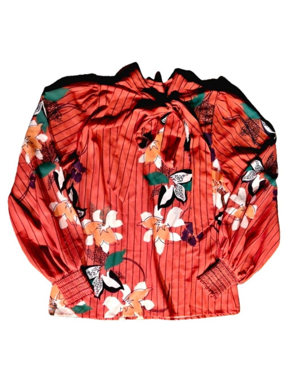 Floral Tie-Neck Blouse in Coral
